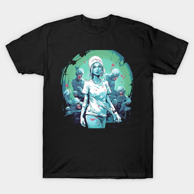 Exhausted Nurse Like a Zombie Amid Halloween Sinister Spirits T-Shirt by InkInspire